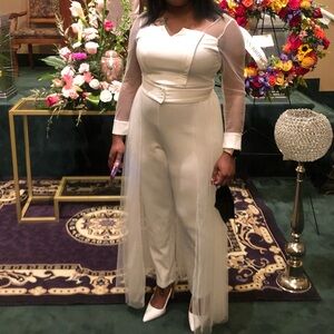 Elegant White Jumpsuit with Sheer Sleeves